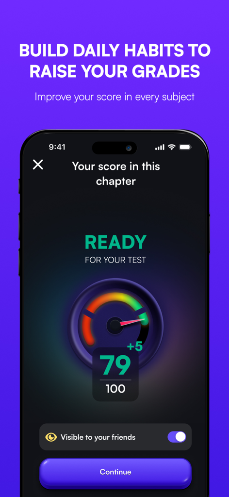 A smartphone screen displaying a chapter score and a readiness gauge for an upcoming test on the Revyze app