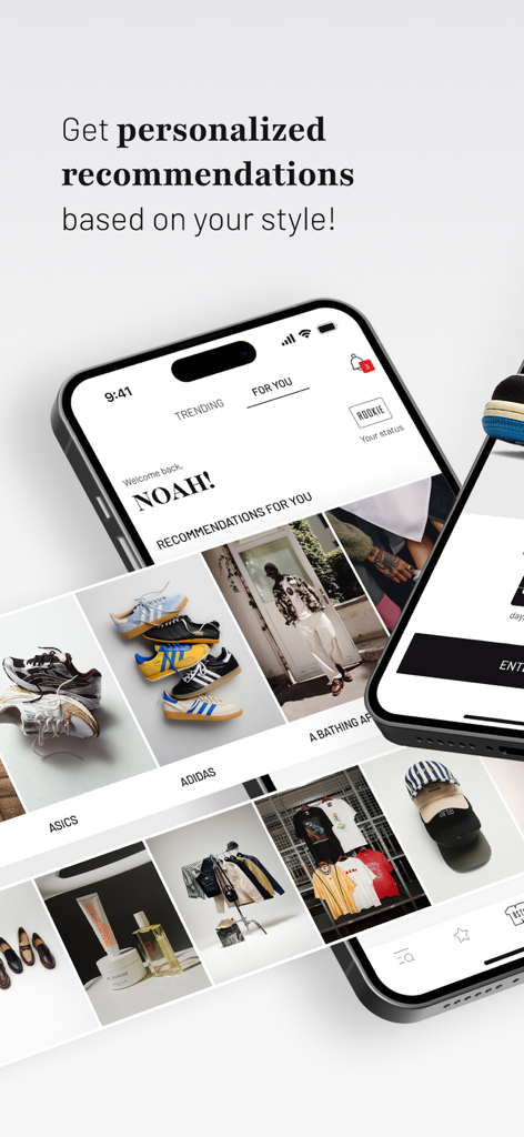 L'application BSTN Store montrant des recommandations de style personnalisées pour les baskets et le streetwear dans le flux Pour Vous.