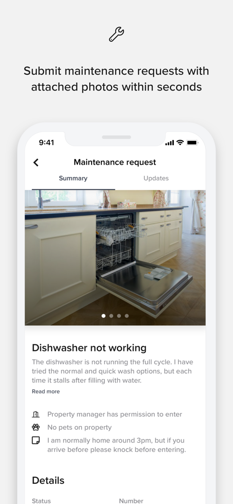 Smartphone screen showing a maintenance request for a dishwasher in the Resident Center app