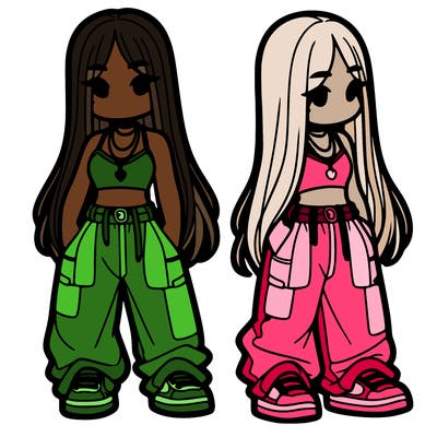 girl in baggy pants crop top and long hair