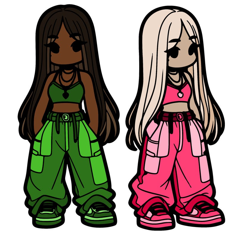 girl in baggy pants crop top and long hair