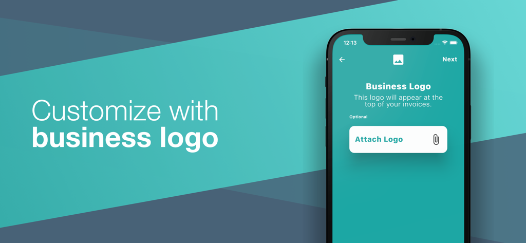 Tela do aplicativo móvel mostrando como adicionar um logotipo de negócio a uma fatura para um visual profissional.