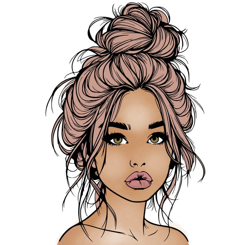 realistic girl with a messy bun and she has lips