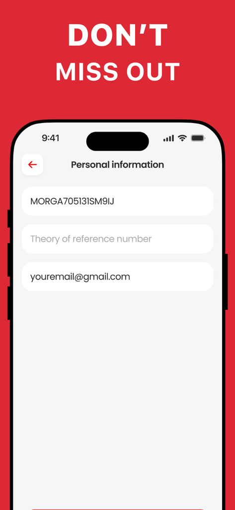 Driving Test NOW - Pantalla de introducción de información personal en la aplicación Driving Test NOW que muestra campos para números de referencia y datos de contacto.