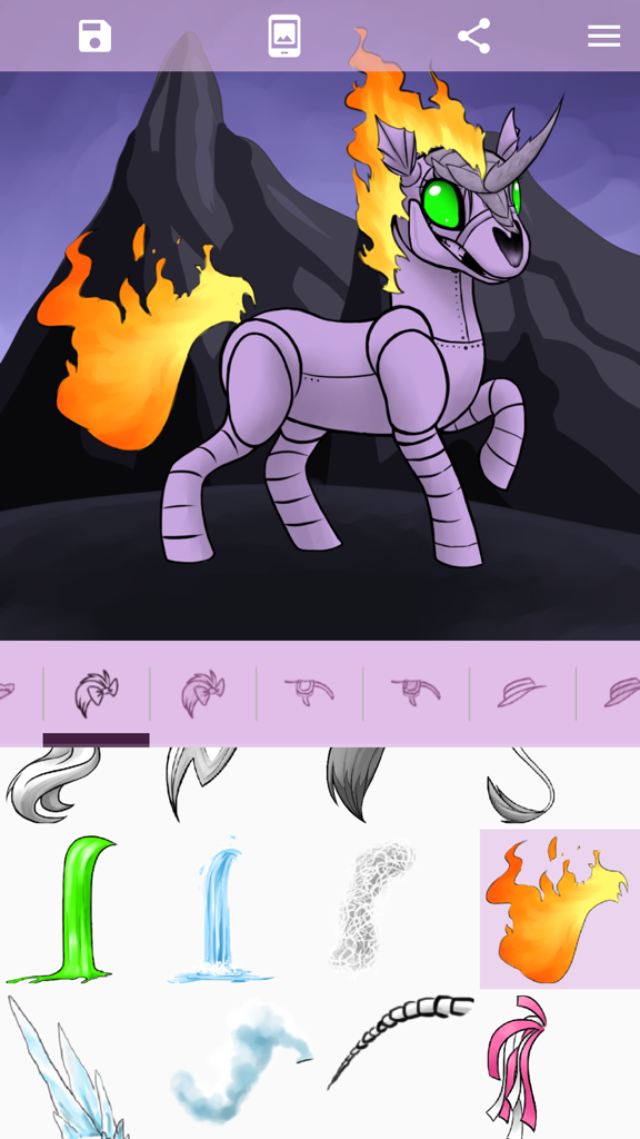 Avatar Maker: Pony 2 - Robotic purple pony with fire mane and tail in Avatar Maker Pony 2