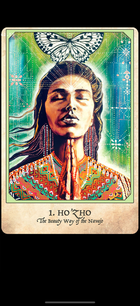 Earth Warriors Oracle Cards - Earth Warriors Oracle card titled Ho'zho The Beauty Way of the Navajo featuring a woman in prayer with a butterfly on her head