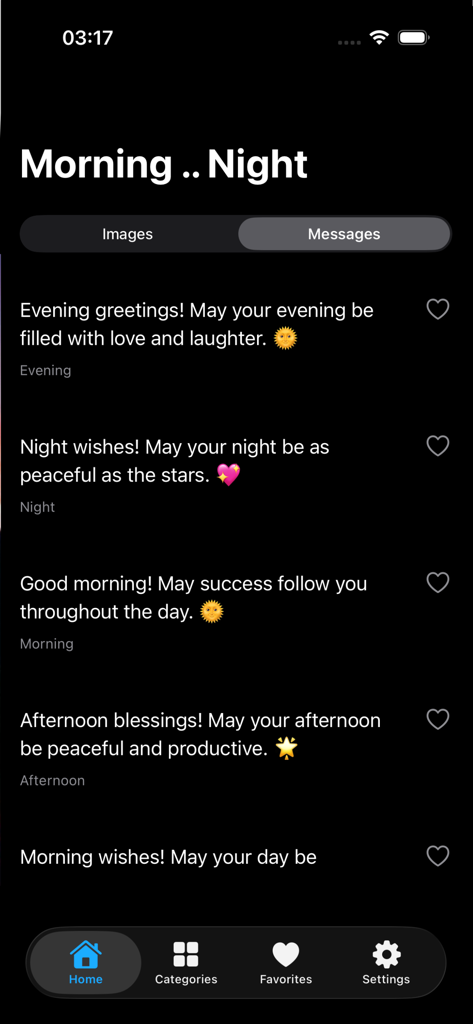 Good Morning Night Afternoon - Una captura de pantalla de la interfaz de mensajes en la aplicación Buenos Días Noches Tardes que muestra varias citas y mensajes de saludo diarios.