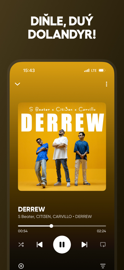 Interface of the Sazz music player app showing playback of the song Derrew by S Beater