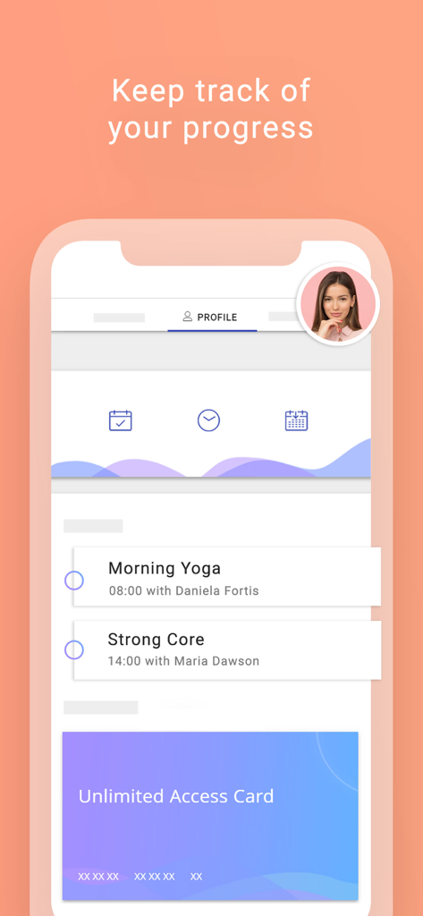 Fitssey - Fitssey app profile screen showing a user's progress with scheduled yoga and core classes and an unlimited access card