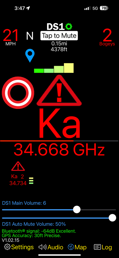 DS1 Companion - DS1 Companion app dashboard displaying a Ka band radar alert with frequency signal strength and vehicle speed