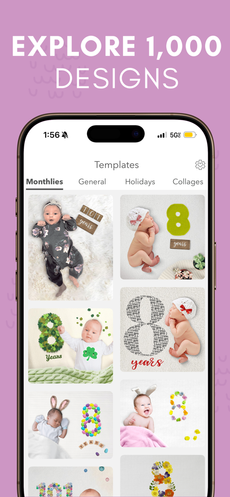 Precious app interface displaying a gallery of creative baby milestone photo templates and monthly designs
