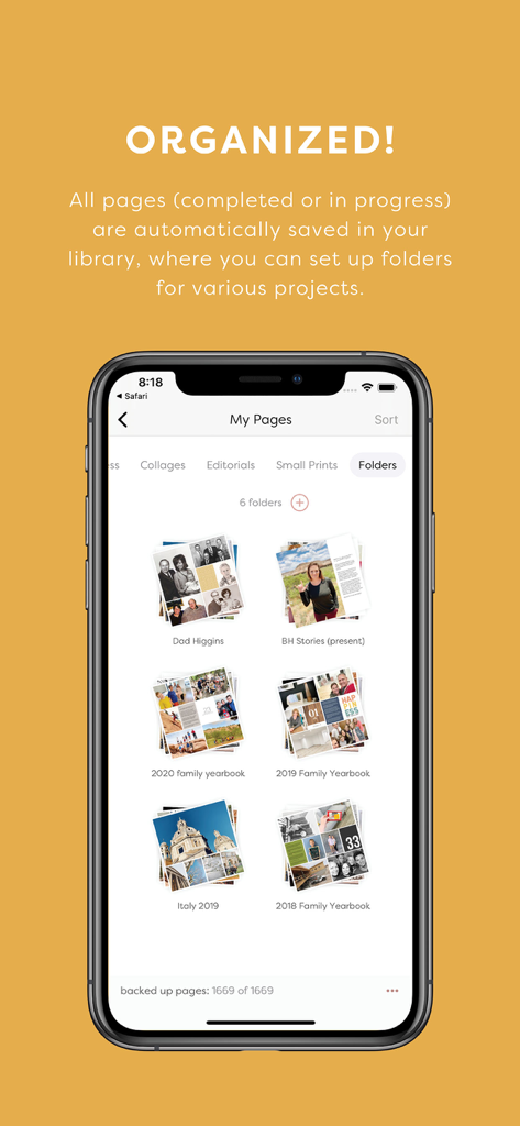 Project Life - Screenshot dell'app Project Life che mostra una libreria con cartelle di progetti organizzate per annuari familiari e album di viaggi