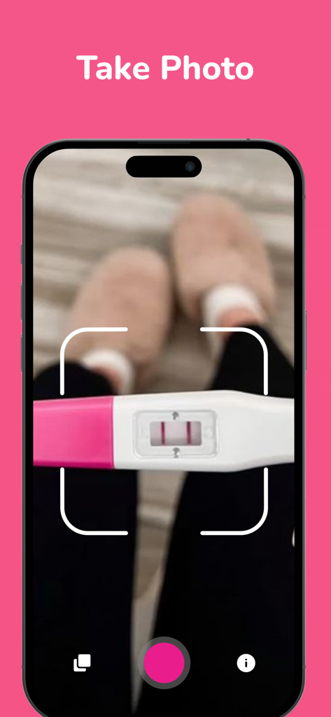 Pregnancy Test Checker AI + - A mobile app interface showing a pregnancy test being scanned with a smartphone camera for AI analysis