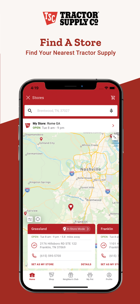 Tractor Supply mobile app store locator screen showing a map and local store information.