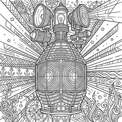 Discover serene artistry with this intricate adult coloring page featuring a majestic lighthouse beacon. Its detailed design, surrounded by nautical patterns and stylized light, offers a perfect escape for mindful coloring.