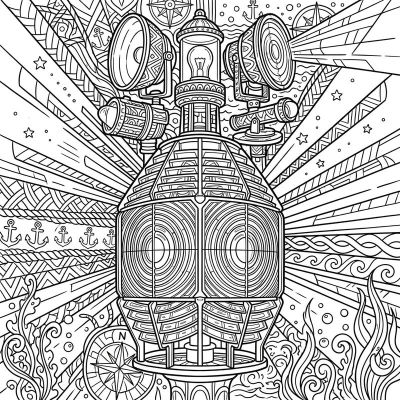 Discover serene artistry with this intricate adult coloring page featuring a majestic lighthouse beacon. Its detailed design, surrounded by nautical patterns and stylized light, offers a perfect escape for mindful coloring.
