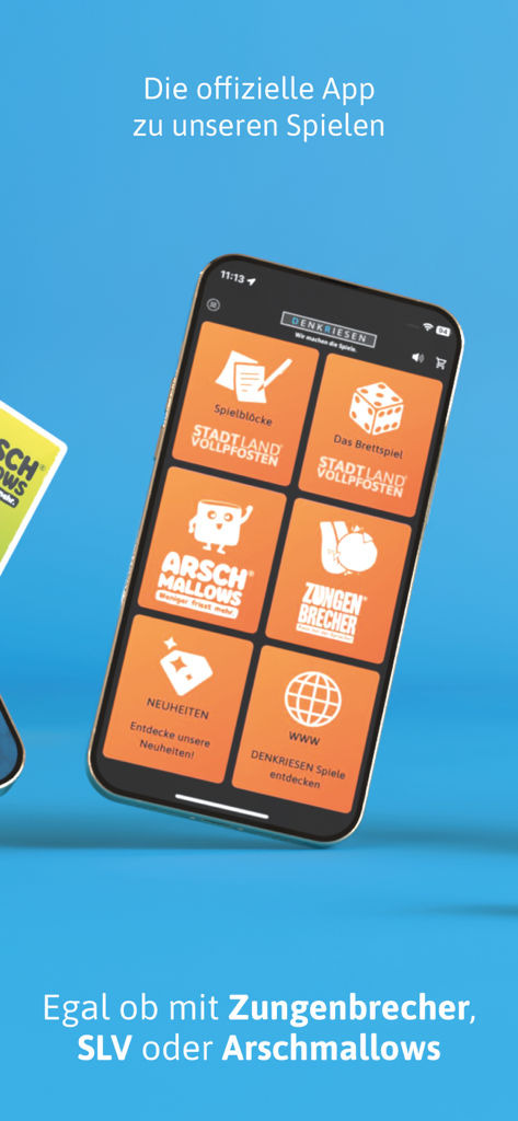 Captura de pantalla del menú principal de la app DENKRIESEN con varios juegos sociales y de fiesta