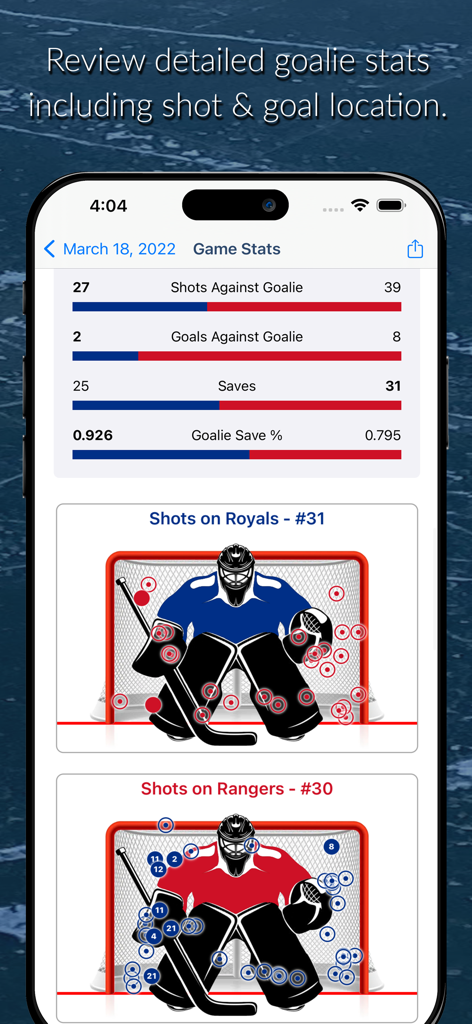 Detailed hockey goalie statistics and shot location map