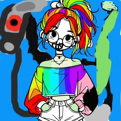 girl with a messy ponytail glasses a baggy crop top and jean shorts