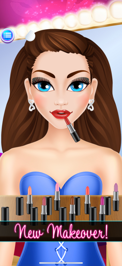 Applying red lipstick to a fashion character in a makeup salon game interface