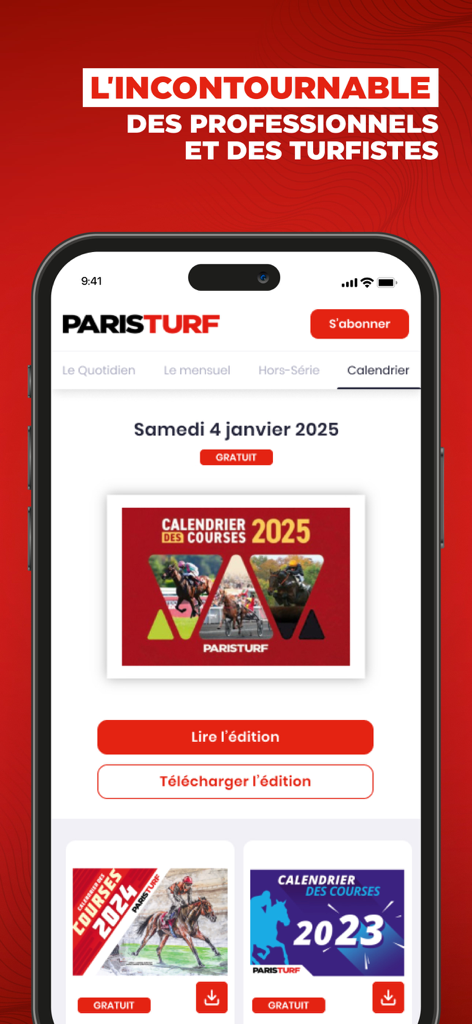 App mobile Paris Turf che mostra il calendario delle corse di cavalli e le edizioni digitali per gli appassionati di corse di cavalli.