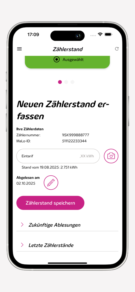 Meine Süwag - Recording a new meter reading in the Meine Süwag app using the camera scan feature.