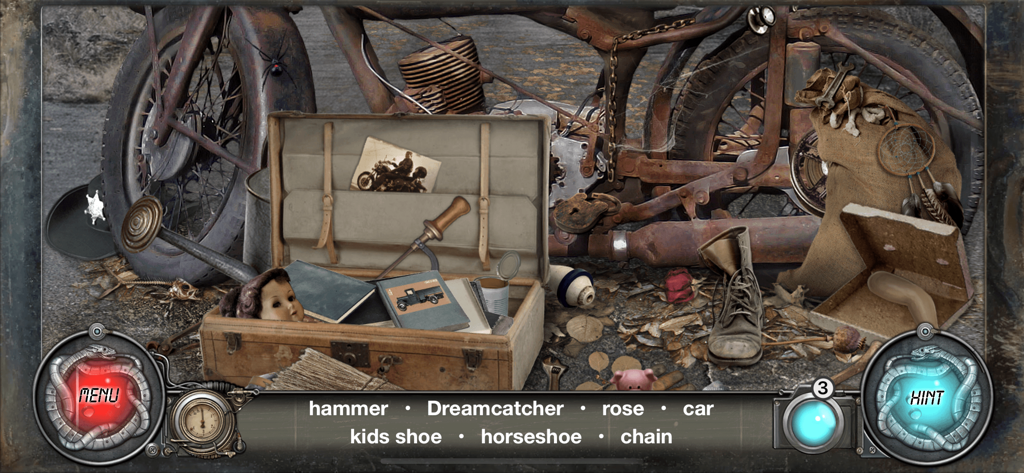 Time Trap: Hidden Object Games - A hidden object gameplay scene from Time Trap featuring vintage items like a motorcycle, suitcase, and old doll in a post-apocalyptic setting.