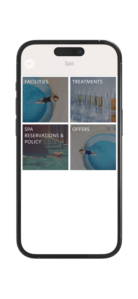 Ikos Resorts mobile app spa menu showing sections for facilities treatments reservations and offers