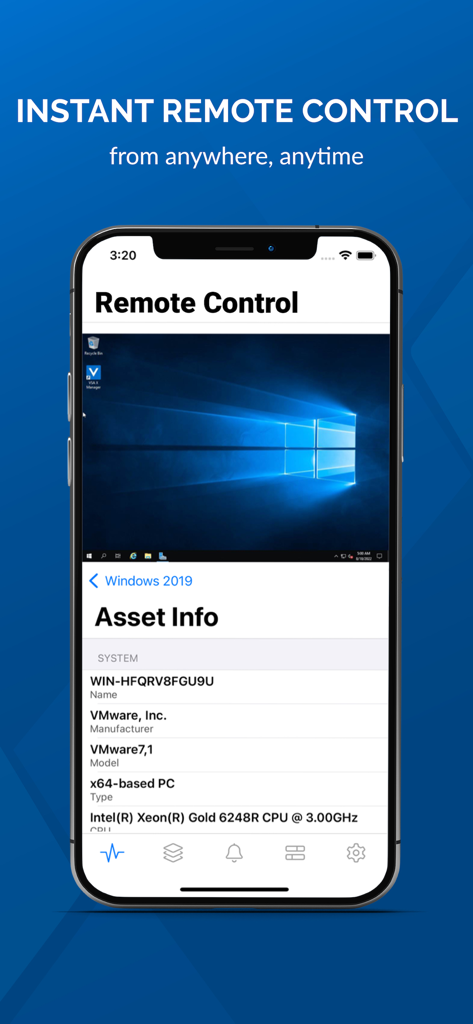 VSA - VSA mobile app displaying remote control access and server asset information.