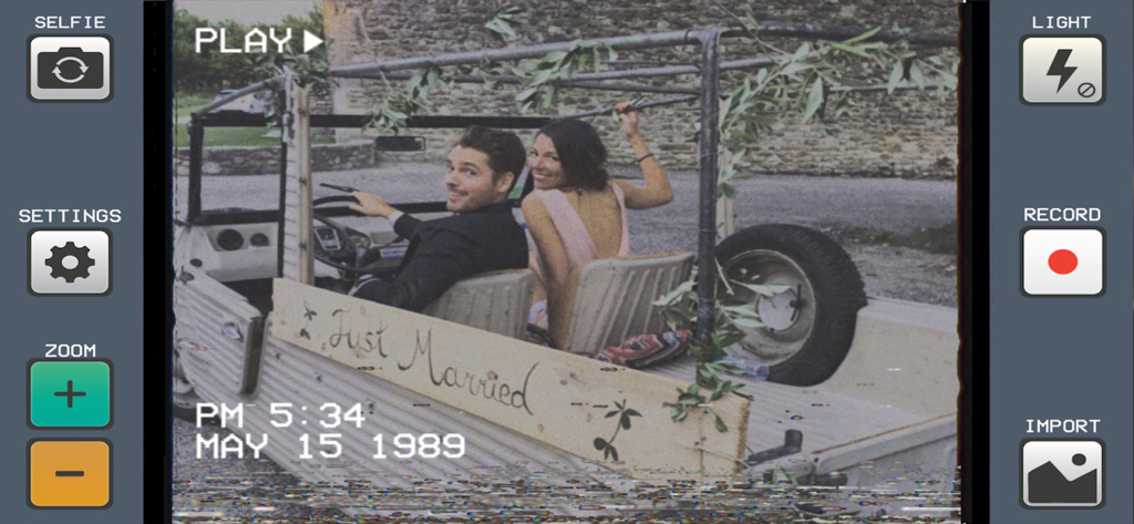 Interface of the VHS Cam app showing a vintage camcorder effect with a 1989 date stamp on a wedding video