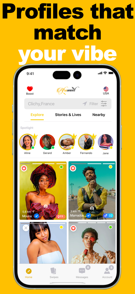 Afrosmeet – Black Dating App - Interfaz de la aplicación de citas Afrosmeet para negros, mostrando varios perfiles de solteros negros en la pantalla Explorar