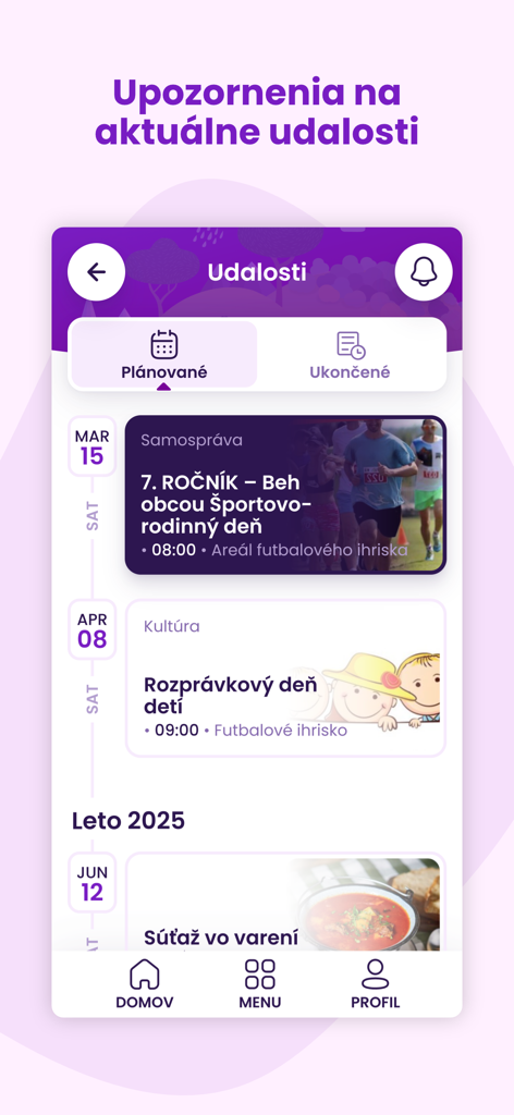 Mostová - Mobile application interface showing a chronological list of upcoming community events in Mostova
