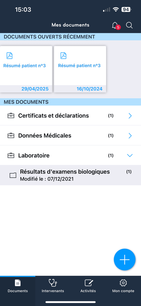 MyDSP - Panel de la aplicación MyDSP que muestra documentos médicos organizados y resultados de pruebas de laboratorio.