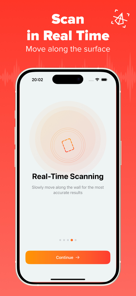 Stud Finder app interface showing real-time scanning for wall studs