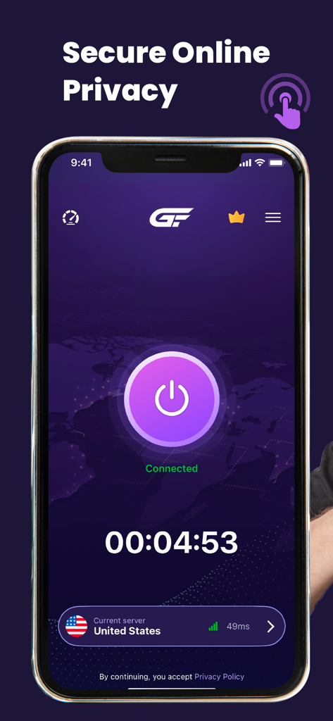 GO Fast VPN: Unlimited Proxy - GO Fast VPN app interface showing an active secure connection to a United States server.