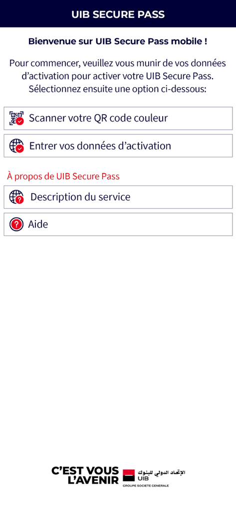 Tela de ativação do aplicativo móvel UIB Secure Pass com opções para escanear código QR ou inserir dados de ativação