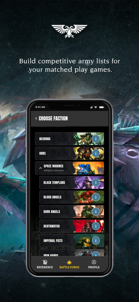 Smartphone screen showing the faction selection menu in the Battle Forge feature of the Warhammer 40,000 app