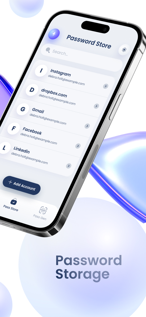 ShieldHive - ShieldHive app interface showing the password store with a list of managed accounts on an iPhone