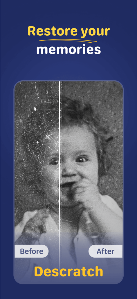 AI 사진 품질 향상 앱의 긁힘 제거 기능으로 복원된 빈티지 사진의 전후 비교