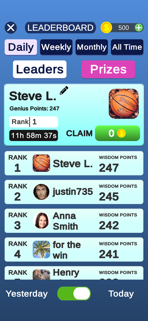Tabla de clasificación de Word Cross Game que muestra las clasificaciones de los jugadores y los puntos de sabiduría.