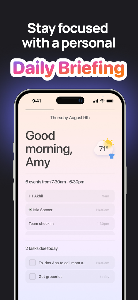 Hero Assistant app daily briefing screen showing morning summary schedule and tasks