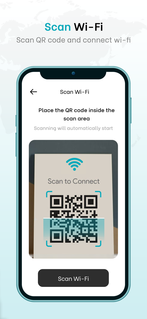Router Admin Control - Router Admin Control app interface showing a QR code scanner to connect to Wi-Fi.