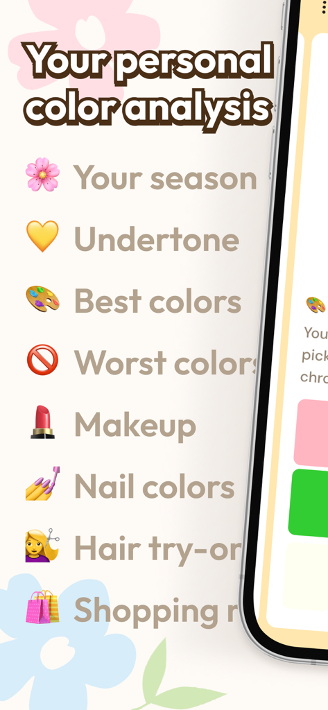 Vivaldi Color Analysis - Una lista de características de la aplicación Vivaldi Color Analysis que muestra tu subtono de temporada, mejores colores y opciones de prueba de maquillaje y cabello.