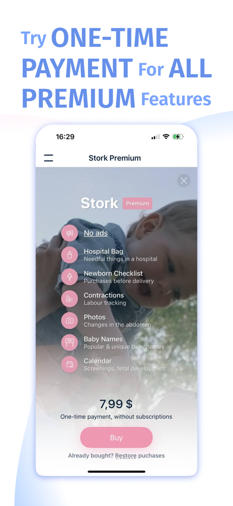 Stork app premium features screen showing one-time payment option and list of tools including contractions tracker and newborn checklist