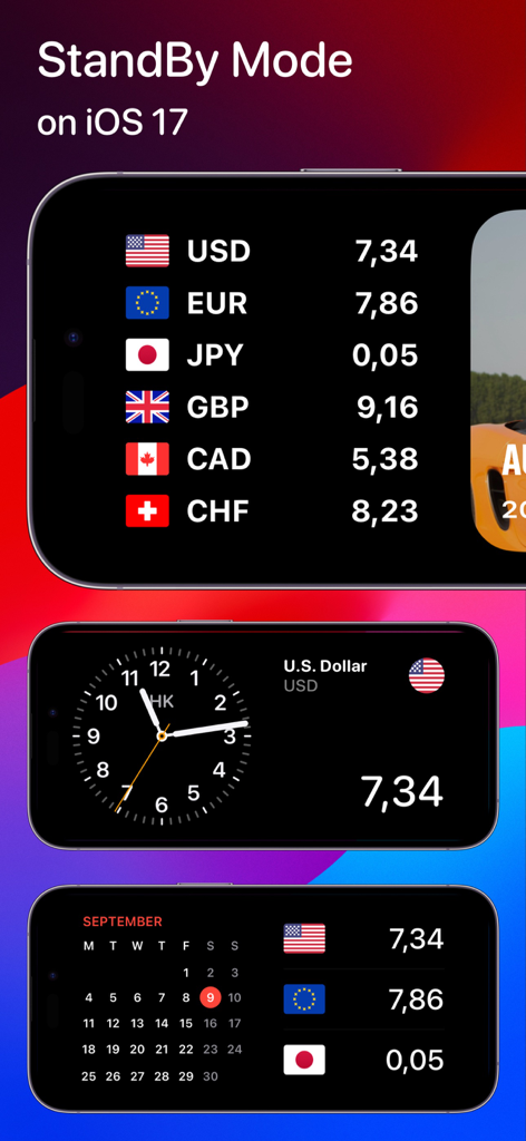 Currencier app interface on iOS 17 StandBy mode featuring currency conversion widgets with a clock and calendar.