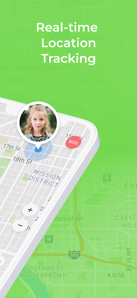 SOS緊急ボタン付きの地図上で子供のリアルタイム位置追跡を表示するスマートフォン画面。