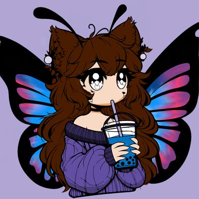 a realistic butterfly/furry girl drinking boba