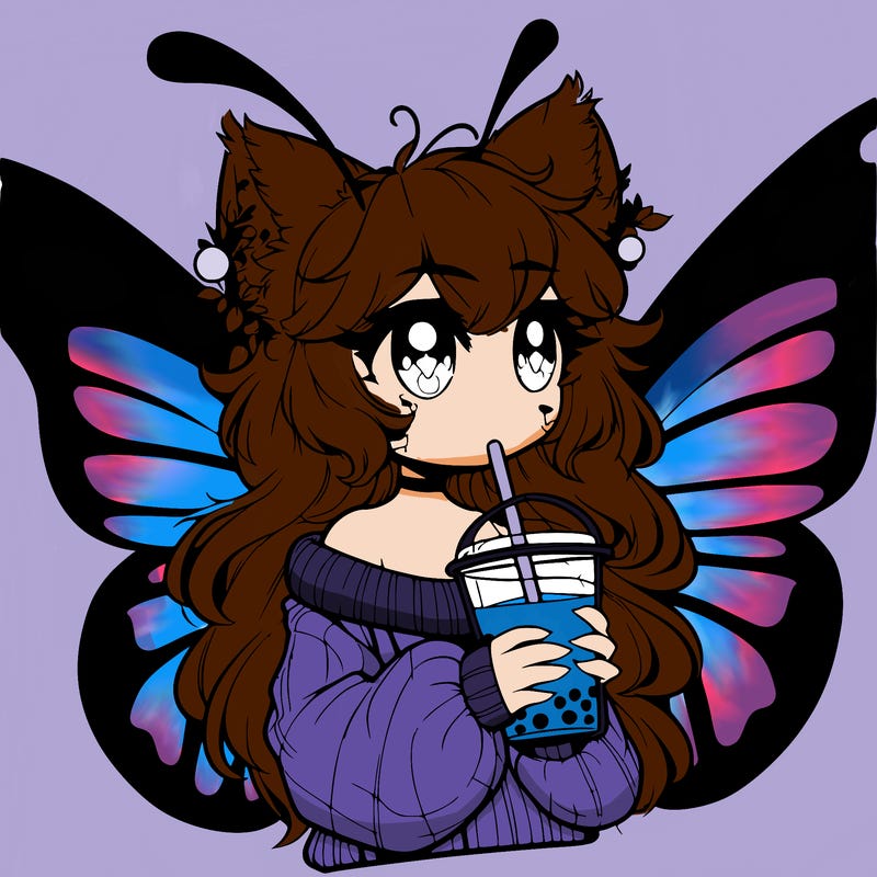 a realistic butterfly/furry girl drinking boba