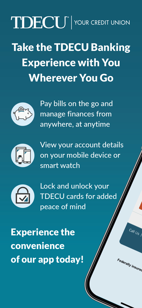 TDECU Digital Banking - TDECU mobile banking features overview highlighting bill pay device compatibility and card security