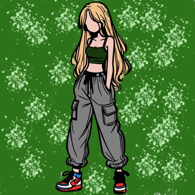 girl in baggy pants crop top and long hair